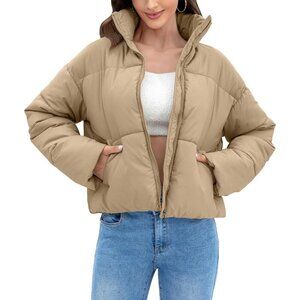 Women’s Jacket Puffer Quilted Jackets Long Sleeve Stand Collar Zipper Coat Khaki